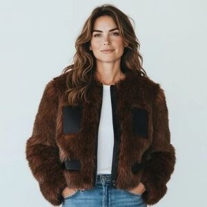 NWT Zara Faux Fur Jacket with Wool Pockets Detail Brown/ Black Size M